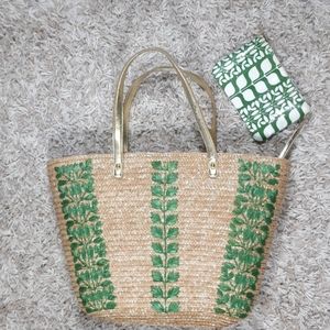 Medium Woven Tote Bag with Green Details (Beach Bag) with Detachable Wallet